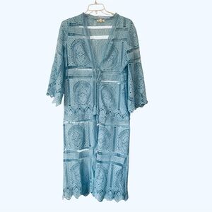 Main Strip Lace Open knit Long Cover Up Robe Blue Large